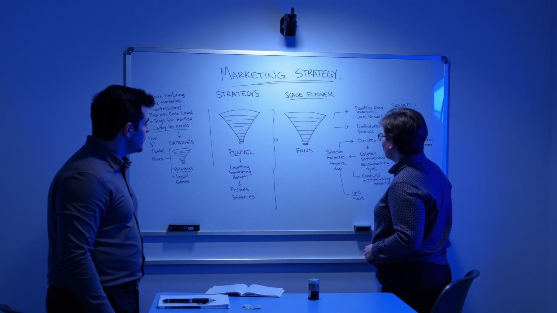 Marketing strategy whiteboard session with funnel diagrams