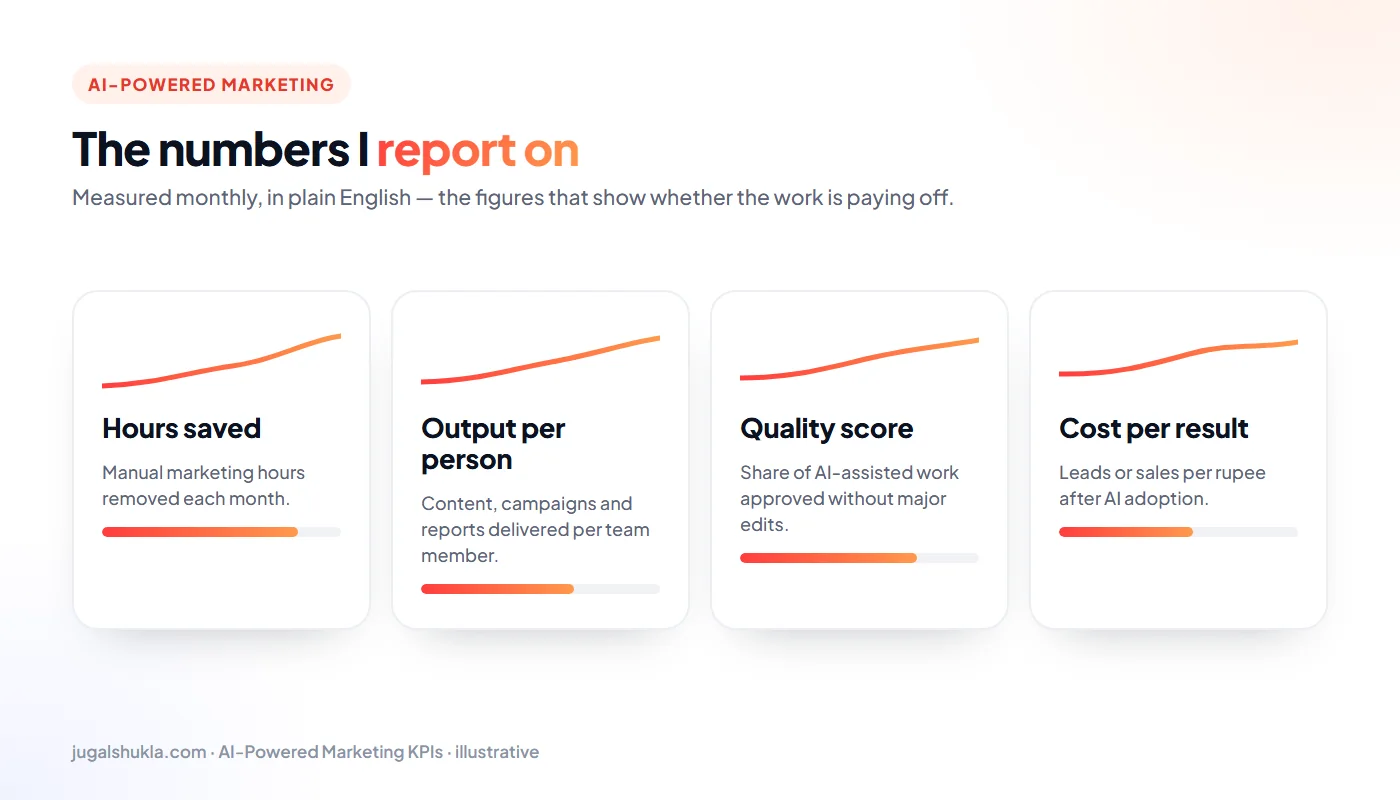 AI marketing KPIs: Hours saved, Output per person, Quality score, Cost per result