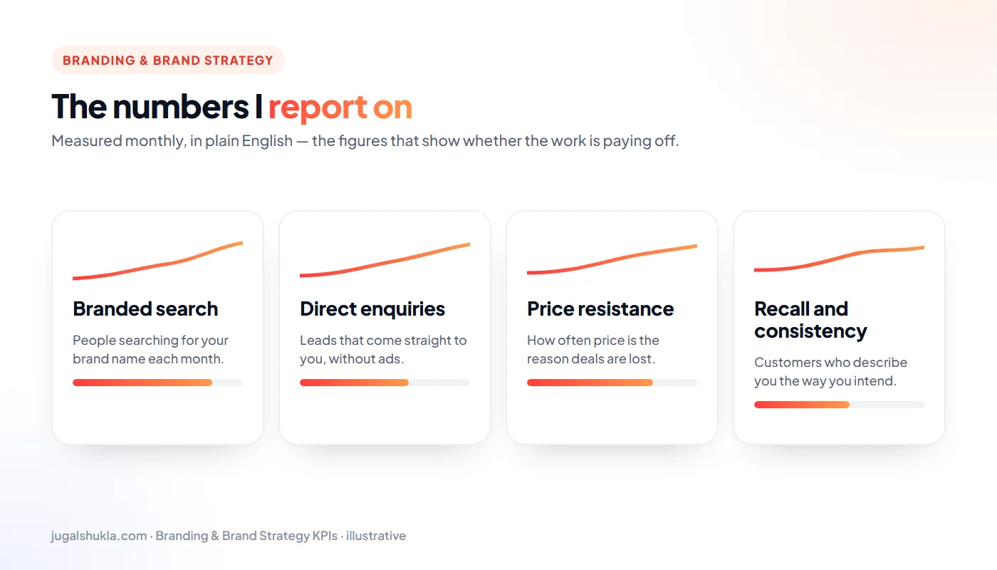 Branding KPIs: Branded search, Direct enquiries, Price resistance, Recall and consistency