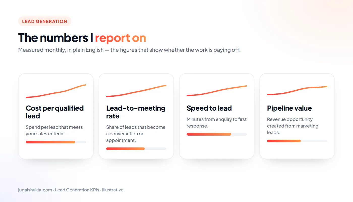 Lead generation KPIs: Cost per qualified lead, Lead-to-meeting rate, Speed to lead, Pipeline value