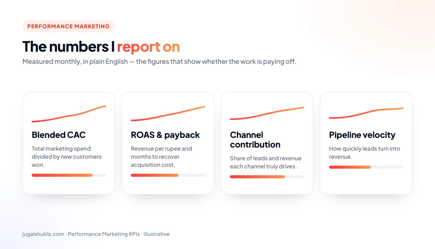 Performance marketing KPIs: Blended CAC, ROAS & payback, Channel contribution, Pipeline velocity