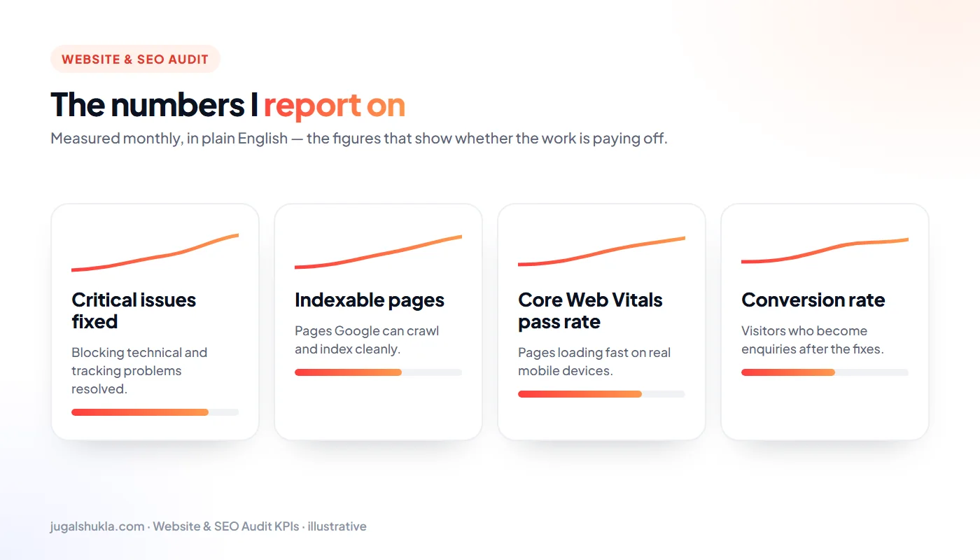 Website audit KPIs: Critical issues fixed, Indexable pages, Core Web Vitals pass rate, Conversion rate